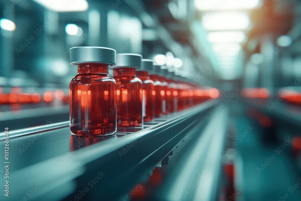 Poster automated assembly line in futuristic warehouse setting