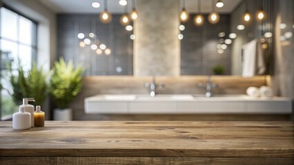 An empty tabletop for product showcase, set against a softly blurred bathroom background, perfect for marketing and