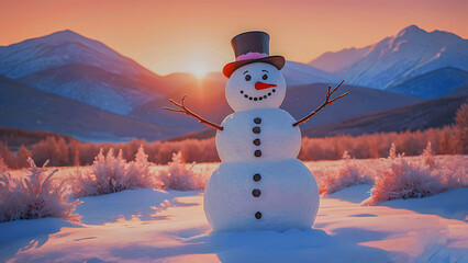 Obraz premium A Joyful Snowman in Iceland’s Sunset Glow