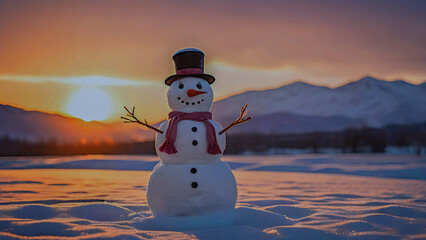 Obraz premium A Joyful Snowman in Iceland’s Sunset Glow