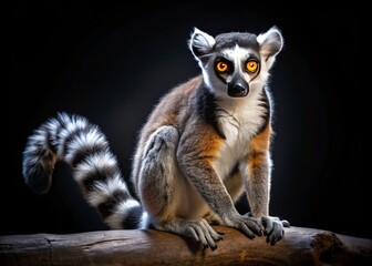 Obraz premium A restless cat lemur, adorned with a striking striped tail and luminous eyes, awakens against a dark night