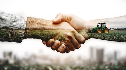 A handshake overlaid with green agricultural fields, farmers, and tractors, symbolizing sustainable agriculture and eco-friendly farming partnerships.