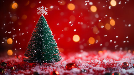 A small decorated Christmas tree surrounded by snow and festive lights on Christmas Day