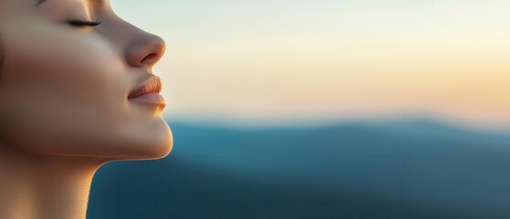 Obraz premium A serene profile of a woman enjoying a peaceful moment, captured against a blurred background of nature during sunset, evoking feelings of calmness and tranquility.