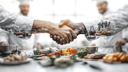 Double exposure of a handshake intertwined with chefs preparing food in a kitchen, fresh produce, and culinary utensils, symbolizing partnerships in the food industry.