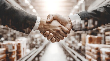 Double exposure of a handshake intertwined with food processing machines, conveyor belts, and packaged goods, symbolizing collaboration in food manufacturing and logistics.