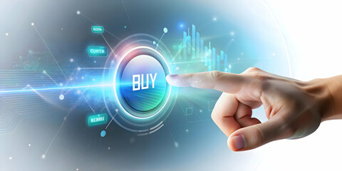 Fototapeta premium Close Up of Fingers Tapping Holographic Buy Button for Easy Online Investment Concept in Futuristic Macro Imagery