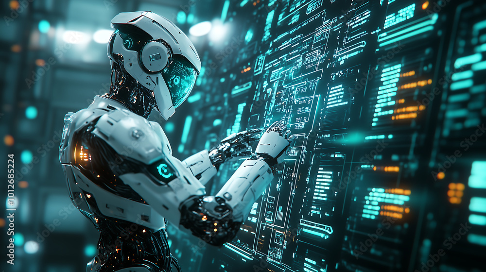 Poster futuristic robot interacting with digital interface