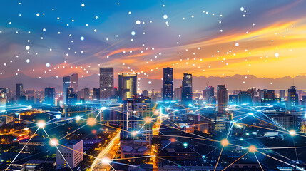 Fototapeta premium A futuristic city glowing with energy-efficient buildings, connected by an intelligent power grid with dynamic data lines, optimizing energy usage across the skyline 