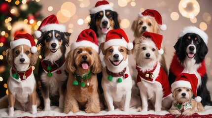 Group of dogs wearing Santa hats and collars