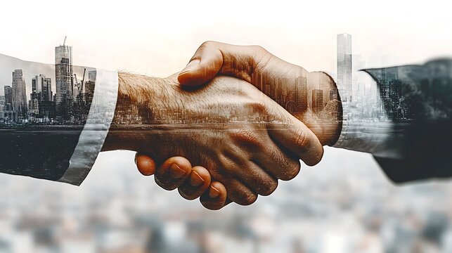 Double exposure of a handshake merged with healthcare professionals, medical equipment, and research labs, symbolizing innovation in healthcare and biotechnology.
