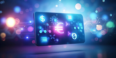 Macro Image of a Glowing Business Card with Currency Symbols for Financial Networking and Copy Space in Soft Abstract Background with Bokeh Lights