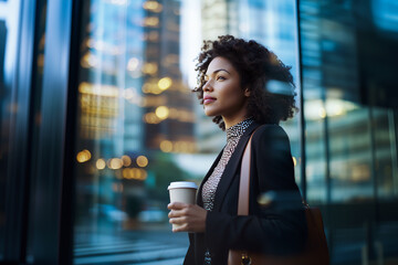 Black woman in business attire walking with coffee cup in modern cityscape, concept of urbanization and professional lifestyle