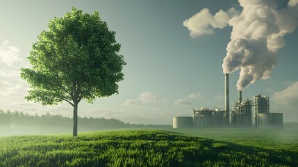A 3D illustration contrasting a green tree and meadow with clear air against a factory emitting pollution, highlighting the effects of climate change