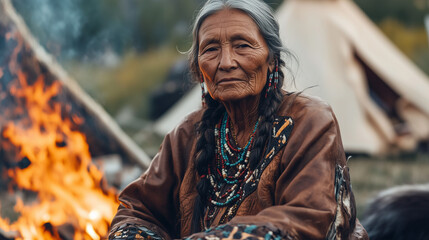 Obraz premium Apache tribe, an old Apache woman sitting in front of a campfire, wearing traditional leather clothing decorated with beads, Ai generated images