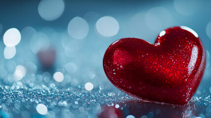 Fototapeta premium A sparkling red heart ornament reflecting Valentine's Day lights on a festive surface
