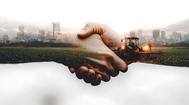 A double exposure of a handshake merged with vast agricultural fields, farmers harvesting crops, and tractors at work. The blend creates a dynamic scene with green fields overlaying the hands,