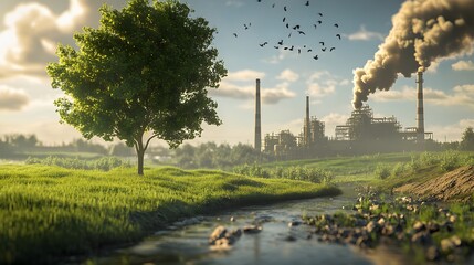 A 3D illustration contrasting a green tree and meadow with clear air against a factory emitting pollution, highlighting the effects of climate change