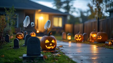 Halloween-themed yard with carved pumpkins and ghost decorations.