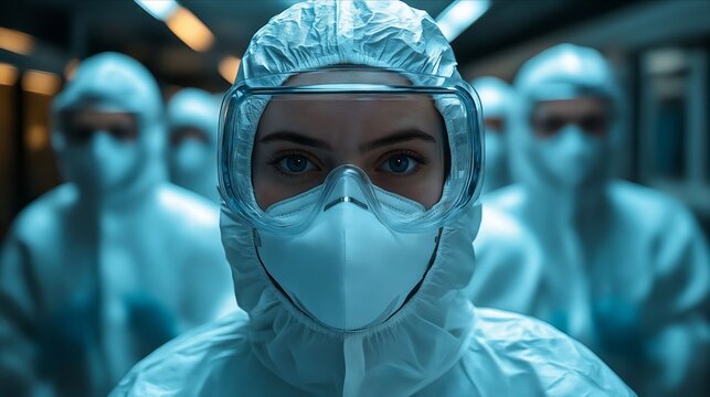 A woman wearing a protective suit and mask in a hospital room