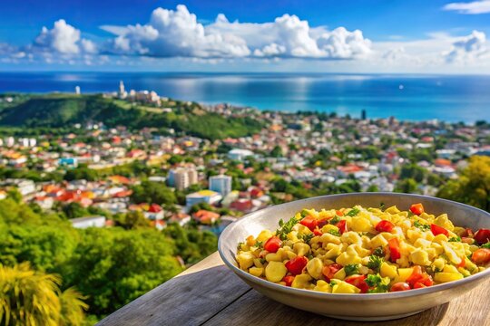Forced perspective image of Jamaican ackee and saltfish in front of colorful Kingston neighborhood
