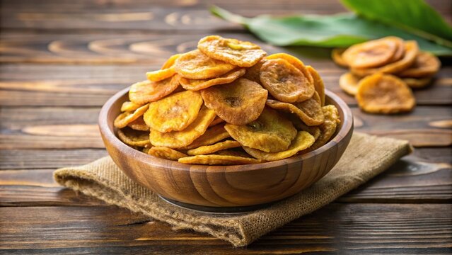 Forced perspective image of Jaggery Coated Banana Chips with wooden background