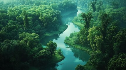 Aerial View of Serene River Winding Through Lush Forest