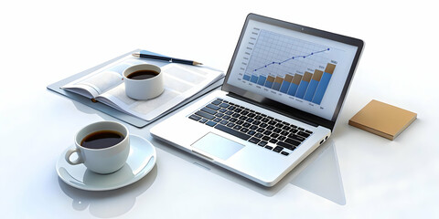 Modern Workspace with Laptop, Financial Documents, and Coffee on Glossy White Desk - Emphasizing Productivity and Efficiency for Business Advertisements in Photo Stock