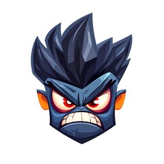 A fierce, cartoonish character with dark hair and red eyes, expressing anger and intensity in a stylized design.