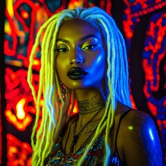 Obraz premium A woman with dreadlocks standing in front of a neon sign