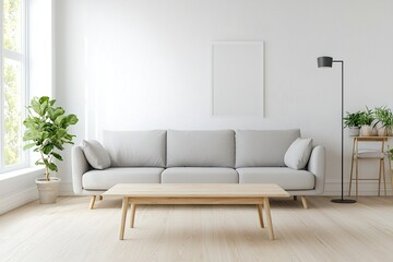 A modern interior of a living room with a wall hanging with art frames and a sofa and table. Generative AI
