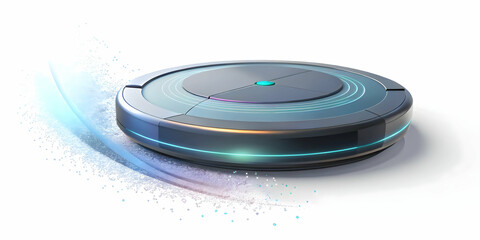 Flat Holographic Robot Vacuum with Floating Cleaning Path Concept - Pan Shot on White Floor, Revealing Holographic Cleaning Path and Dirt Particles in Simple Flat Vector Illustration