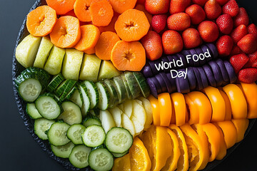 Colorful sliced fruits and vegetables on a platter with the words World Food Day written on it.