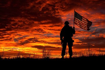 Silhouette of soldier holding American flag against a vibrant sunset sky