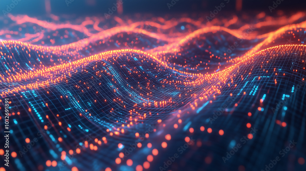 Aufkleber futuristic data grid with glowing waves and connected points in a digital landscape