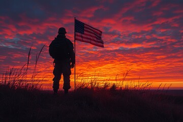 Silhouette of soldier with American flag against vibrant sunset sky.
