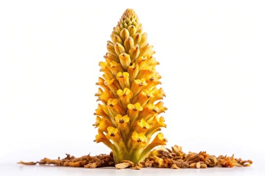 Forced perspective isolated shot of Cistanche Tubulosa desert broomrape herb against white background