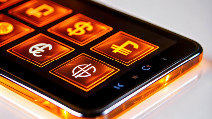 Obraz premium Close-up of a Holographic Calculator Displaying Currency Symbols with Ample Copy Space for Financial Advertisement - Macro Shot of Advanced Calculation Technology
