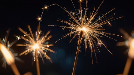 Collection of lit sparklers glowing in the night, emitting vibrant sparks