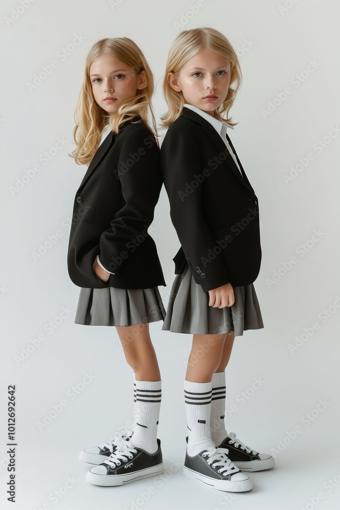 Poster Two young girls in school uniforms standing next to each other