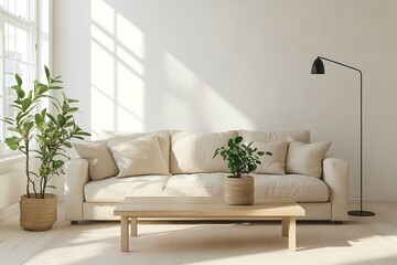 Modern Scandinavian interiors in the living room designed in light beige. Generative AI
