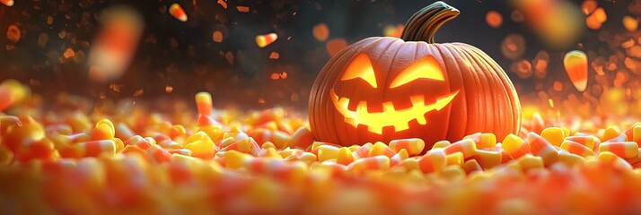 3D animated cartoon jack o'lantern in pile of candy corn