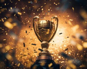 Shiny trophy with confetti on a festive background.