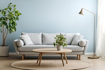 Walls and sofas and tables, light stands and potted plants in light sky blue are the modern Scandinavian interiors of the visible living room. Generative AI
