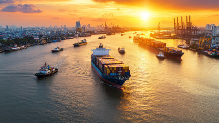 Fototapeta premium bustling river scene with multiple cargo ships navigating through water at sunset, showcasing vibrant colors and lively atmosphere. skyline features urban buildings and industrial structures,