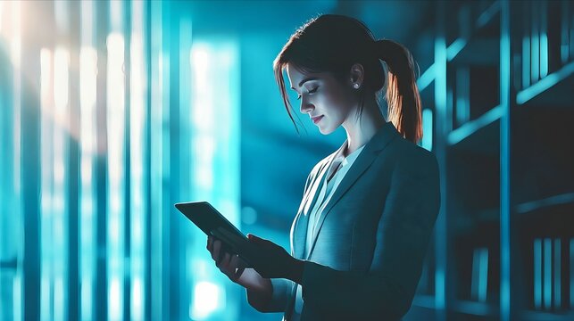 A woman in a business suit using a tablet computer - Powered by Adobe