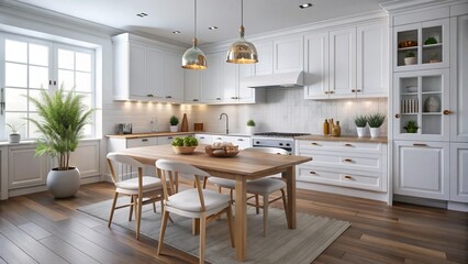 Fototapeta premium Discover elegant white wooden tables and chic kitchen furniture that inspire modern interior design and elevate your