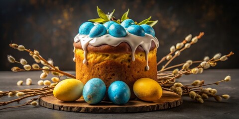 Fototapeta premium Easter cake adorned with vibrant blue and yellow eggs, complemented by delicate willow branches and feathers, set