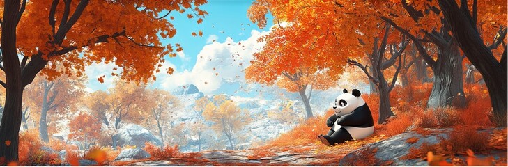 3D animated cartoon panda in autumn woods 