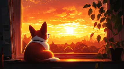 A dog lounging by a window, watching the sunset, with warm, toasty tones surrounding the scene. The illustration is naive and cute, exuding a restorative, peaceful vibe.
